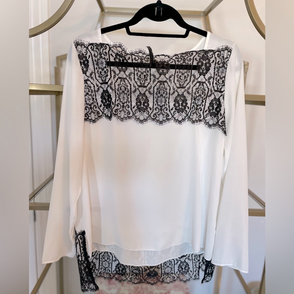 Kay Celine Sheer Long Sleeve Blouse with Black Lace NWT